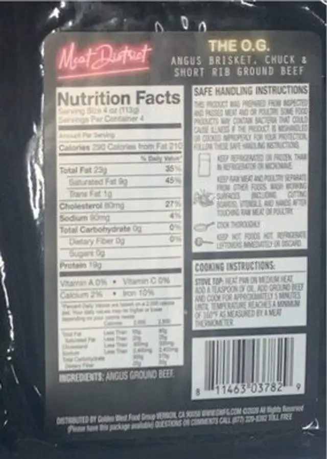 The O.G. nutrition facts table