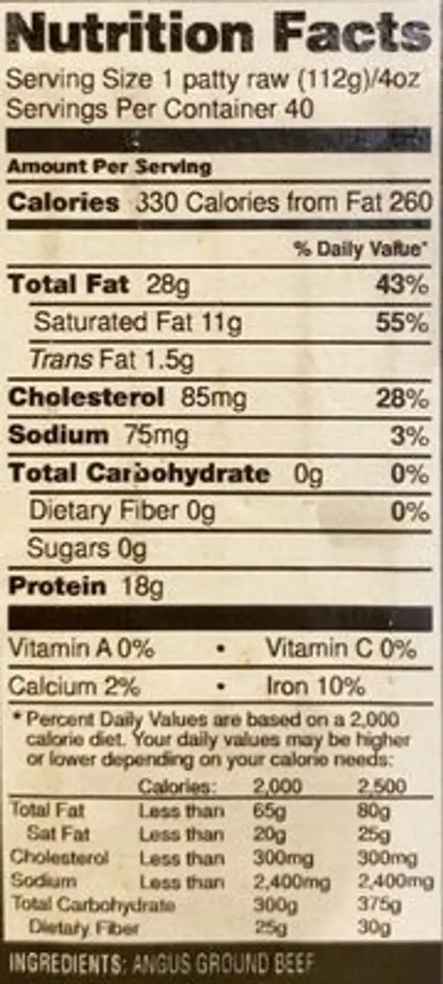 1/4-Pound Angus Beef Patties nutrition facts table