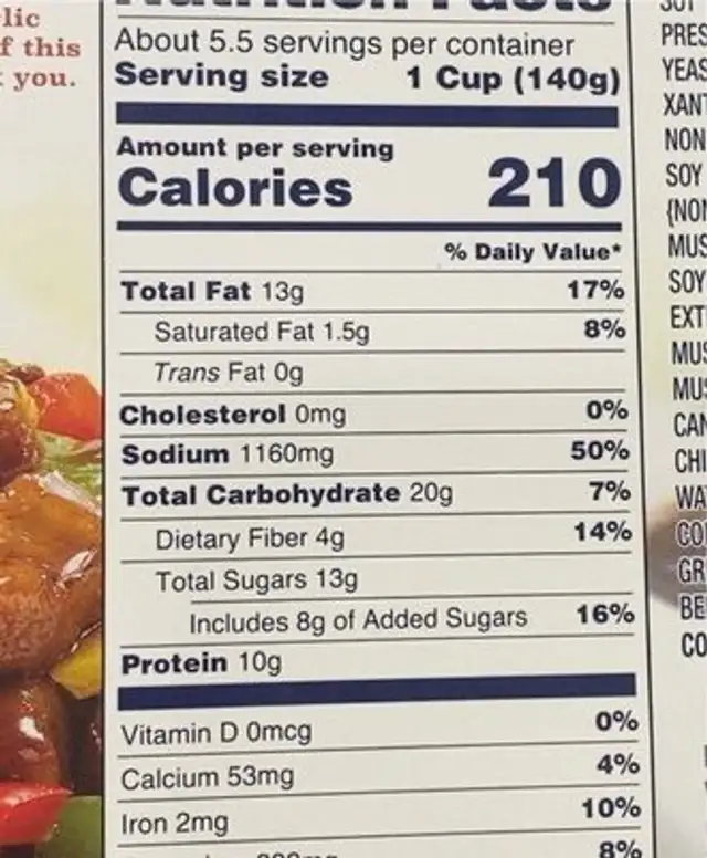 Plant base kung pao nutrition facts table