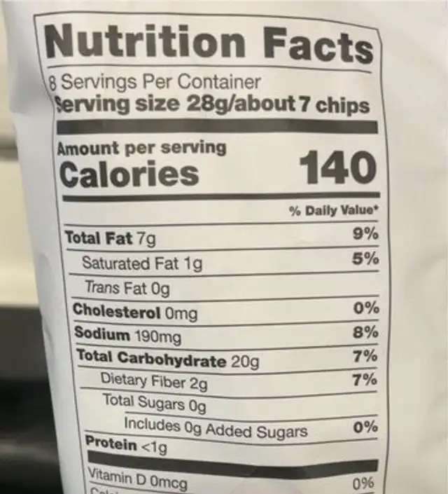 Grain free cassava chips nutrition facts table