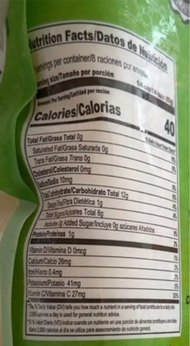 Soursop Guanabana nutrition facts table