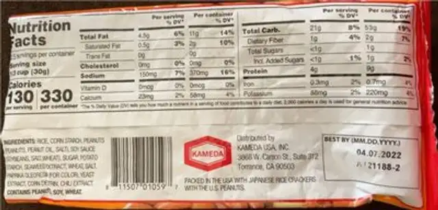 Rice Crackers and Peanuts nutrition facts table