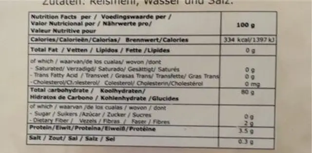 Rice paper nutrition facts table