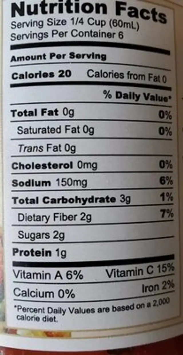 All Natural Pizza Sauce nutrition facts table