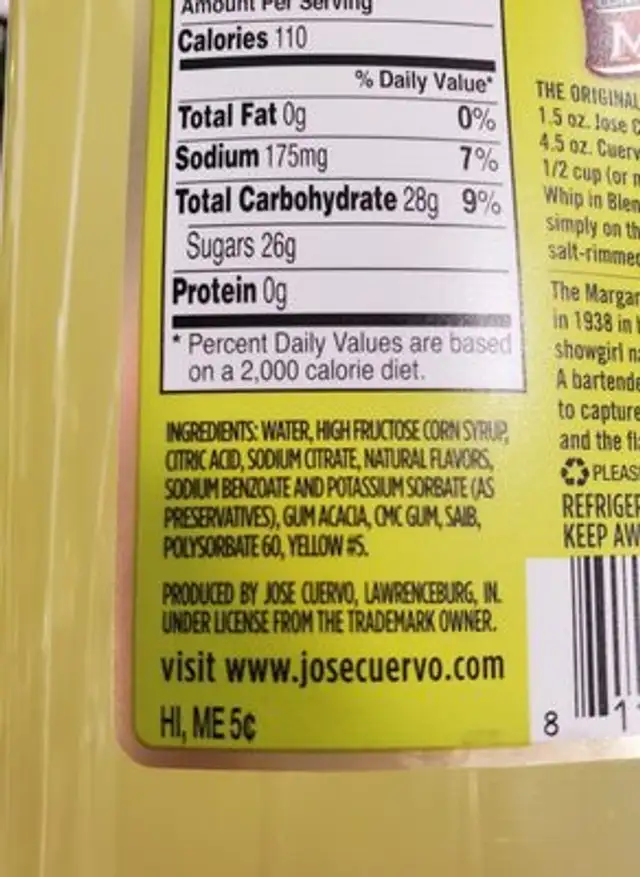 Classic lime the original margarita mix ingredients label