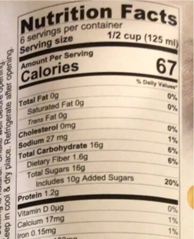 Carrot, Apple, Orange Nectar nutrition facts table