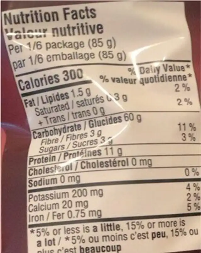 Farfalle nutrition facts table