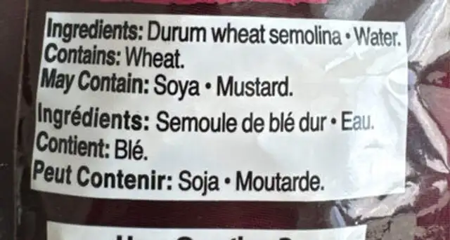 Pates rigatoni ingredients label