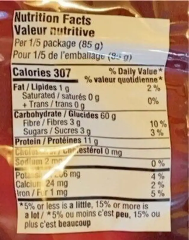 Pasta Lumaconi nutrition facts table