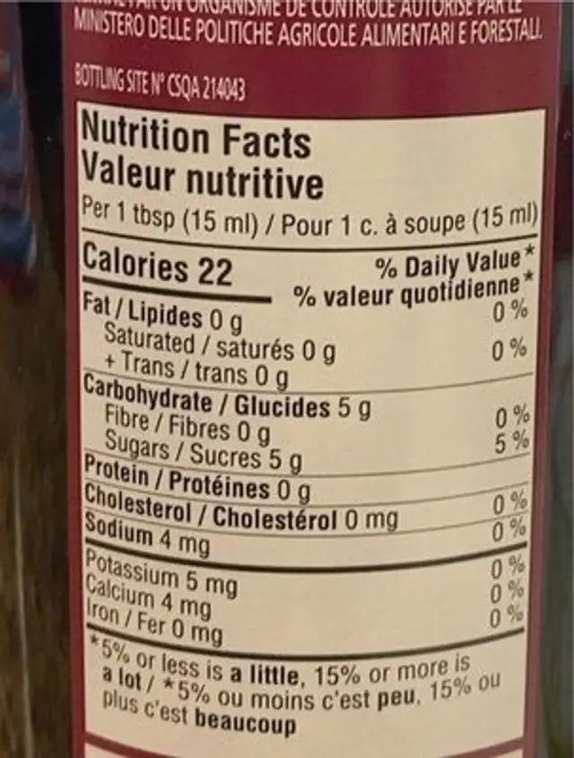 Vinaigre Balsamique de Modena nutrition facts table