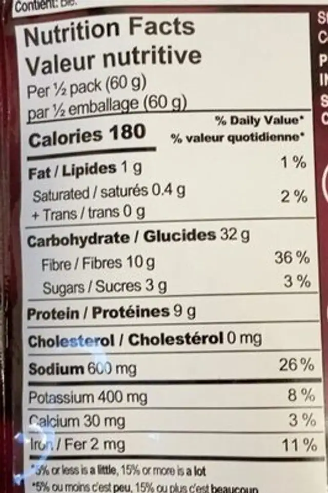 Pâtes aux lentilles nutrition facts table