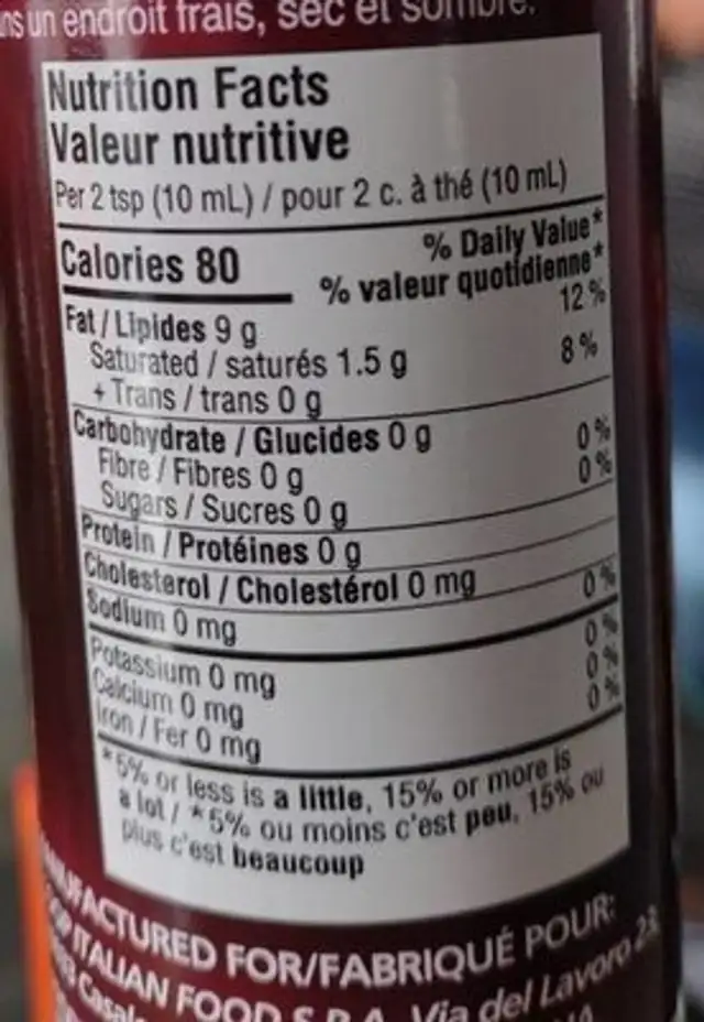 Huile d'olive extra vierge à saveur d'ail nutrition facts table