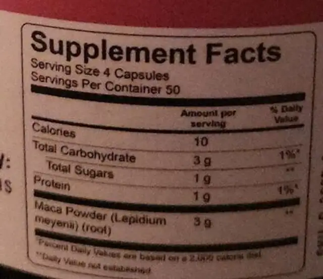 Red maca capsules nutrition facts table