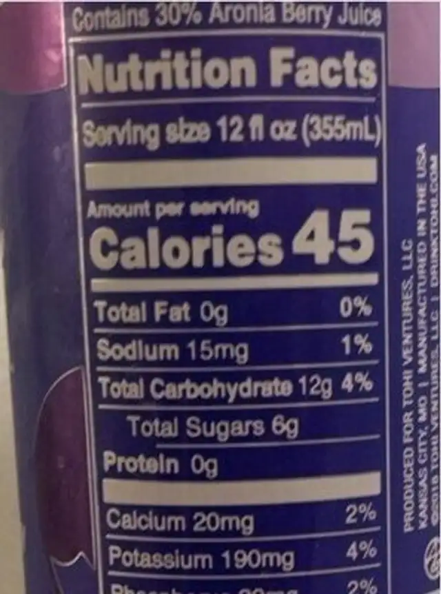 Tohi nutrition facts table