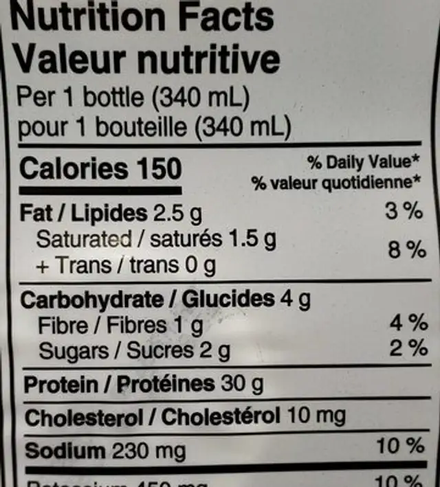 Chocolate nutrition shake nutrition facts table