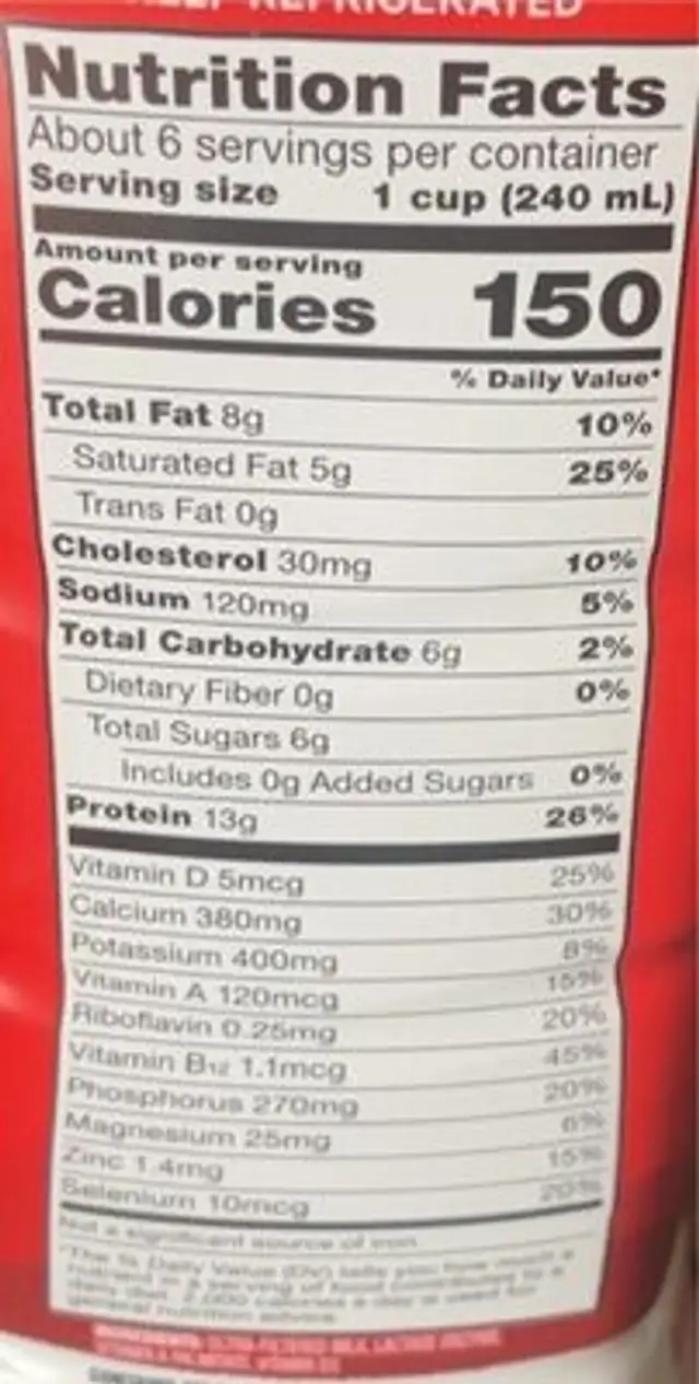 Whole ultra-filtered milk lactose free nutrition facts table