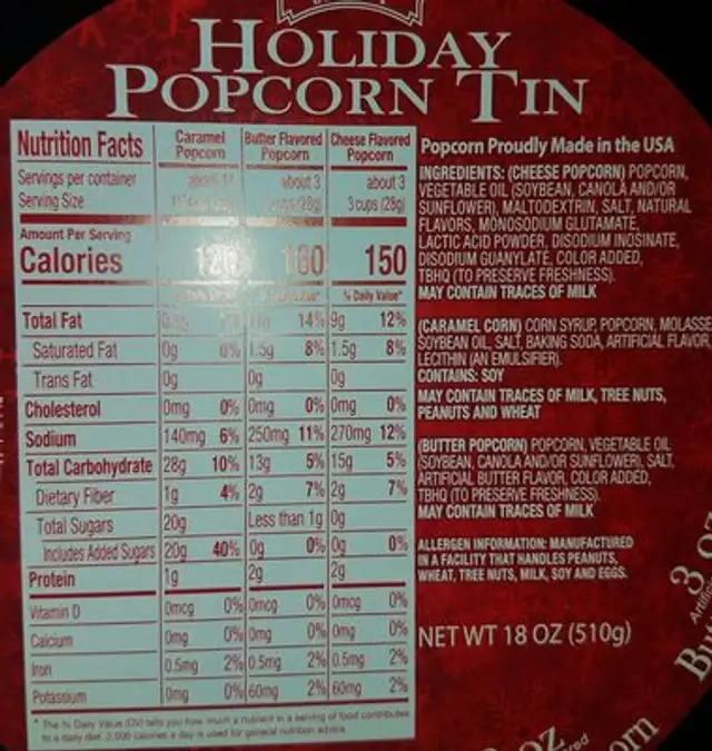 Holiday Popcorn ingredients label