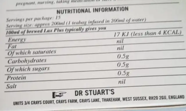 Dr Stuarts Lax Plus Herbal Tea nutrition facts table