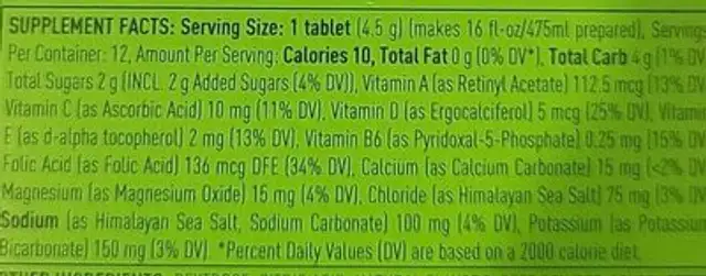 Nuun vitamins nutrition facts table