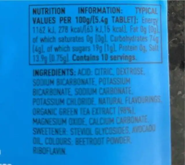 Nuun Sport Mango Orange nutrition facts table