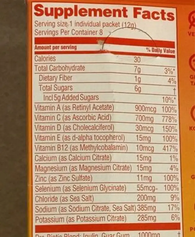 electrolyte immunity drink mix nutrition facts table