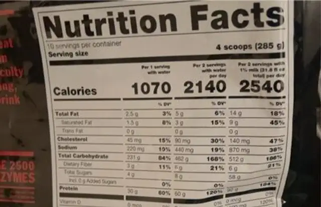 Mass extreme 2500 nutrition facts table