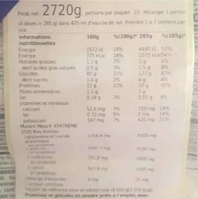 Mass Extreme 2500 Dark Series nutrition facts table