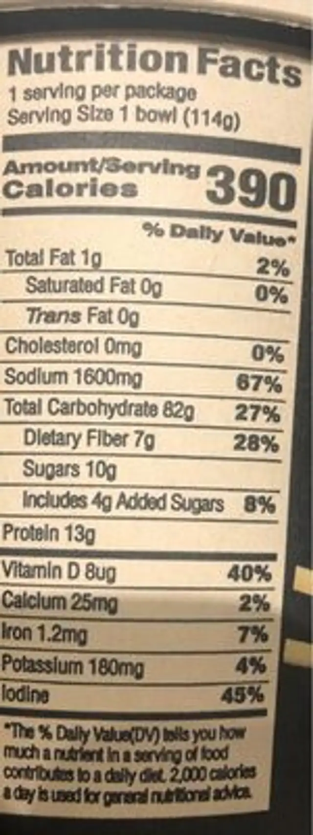 Big bowl noodels nutrition facts table