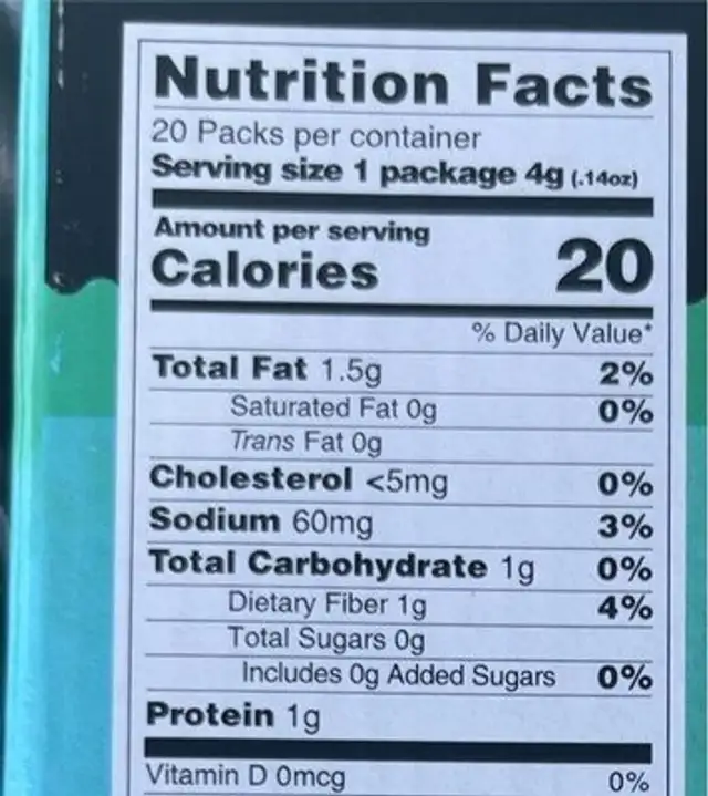 Seaweed Chips nutrition facts table