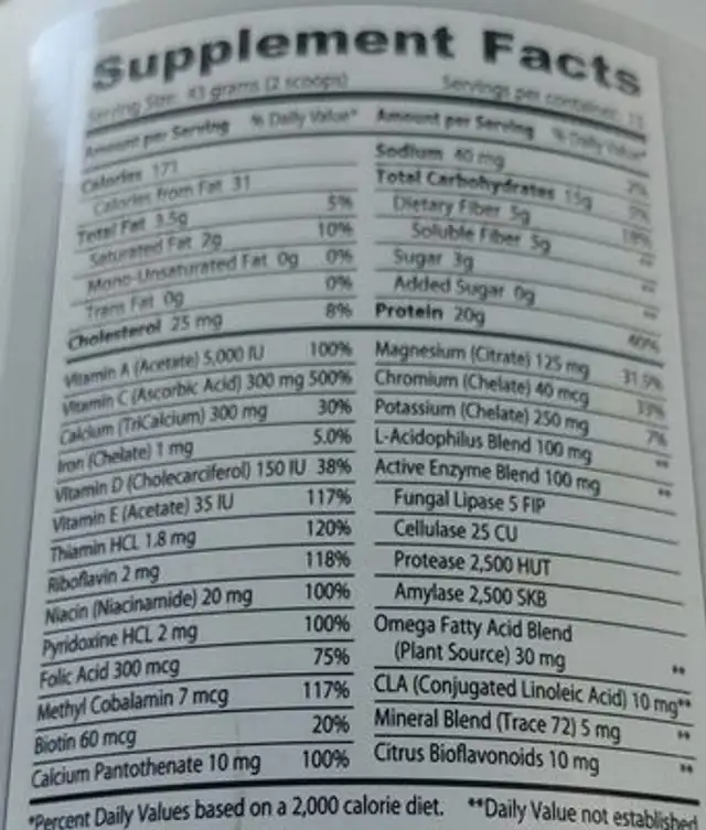 Indulge Chocolate Meal Replacement nutrition facts table