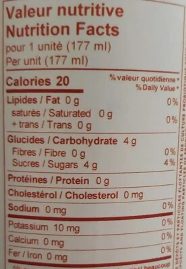 Argousier Stimulant nutrition facts table