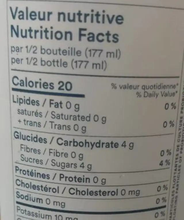 Kombucha nutrition facts table