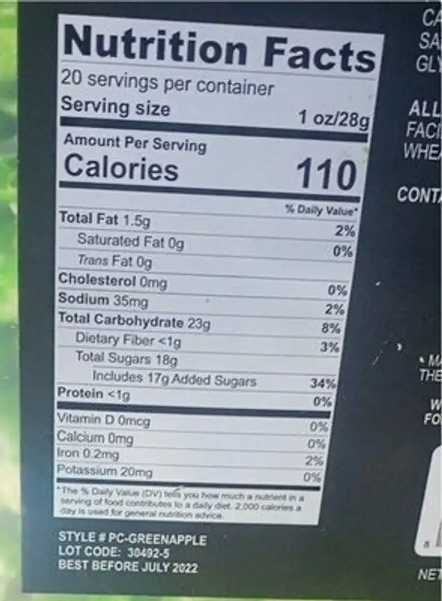 Gourmet popcorn green apple nutrition facts table