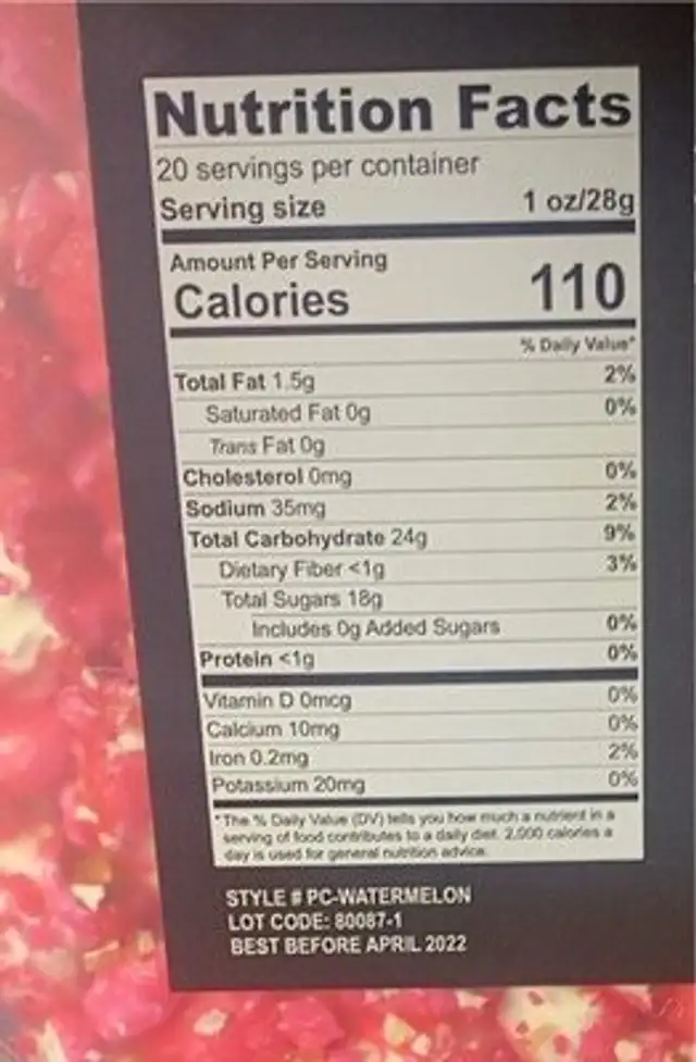Gourmet popcorn watermelon nutrition facts table