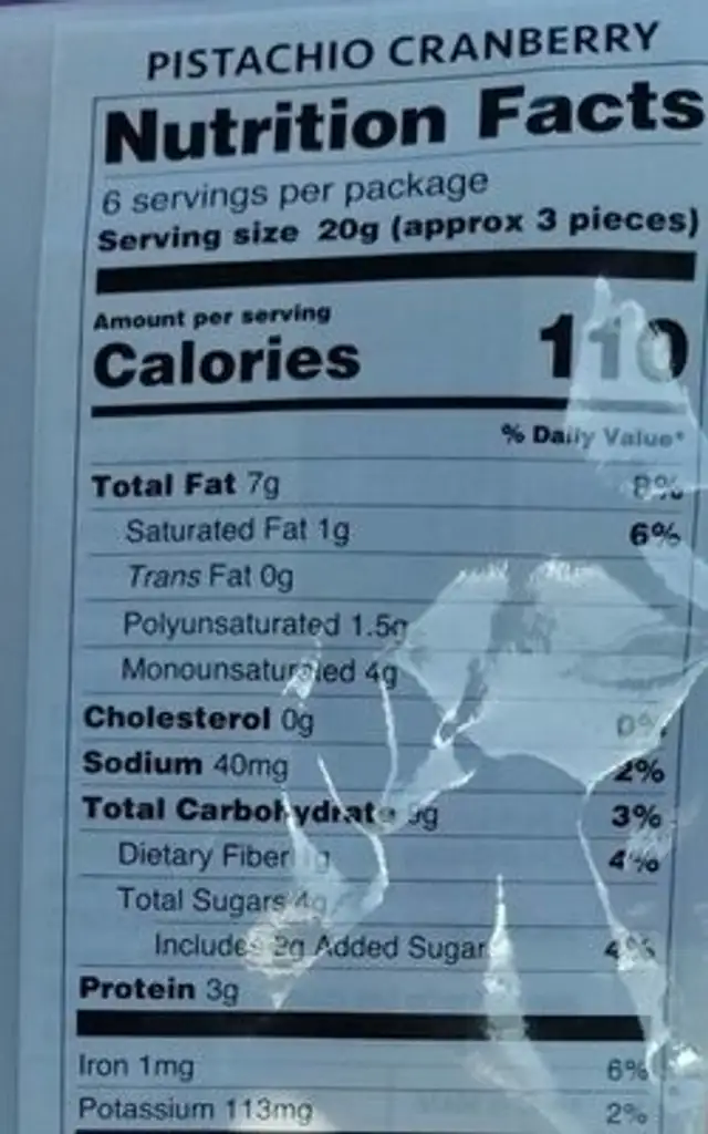 Pistachio Cranberry nutrition facts table