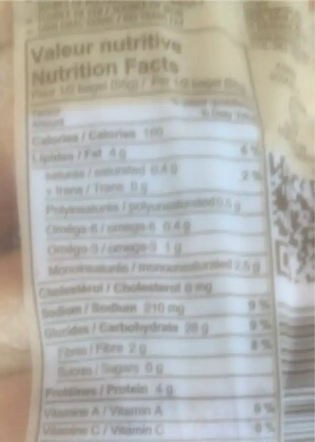 Bagel nutrition facts table