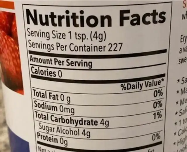 Sweet-N-Natural nutrition facts table