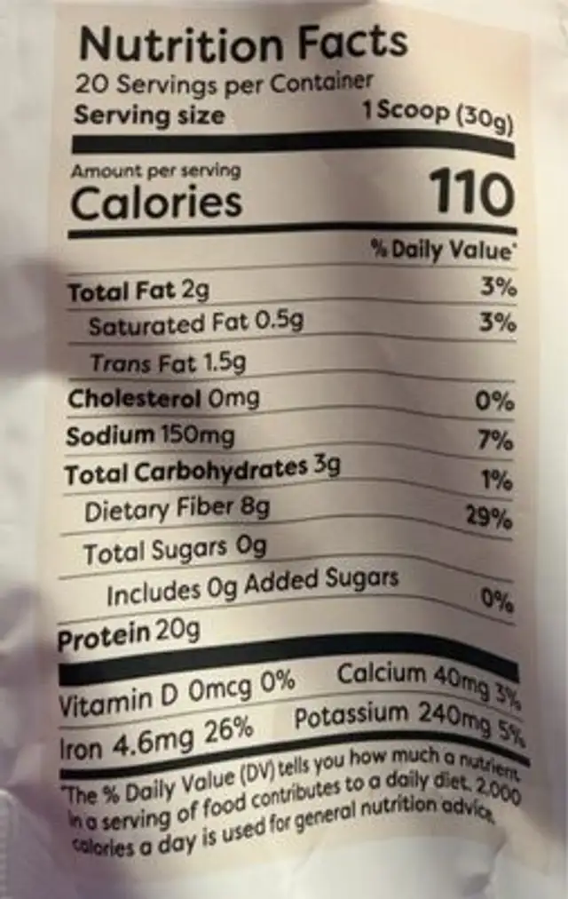 Pure plant protein nutrition facts table