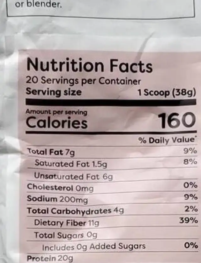 Pure Plant Protein Chocolate nutrition facts table