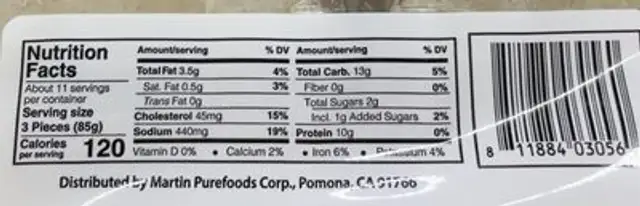 Philippine style lumpia shanghai chicken nutrition facts table