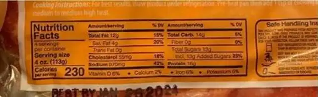 Pork Tocino nutrition facts table