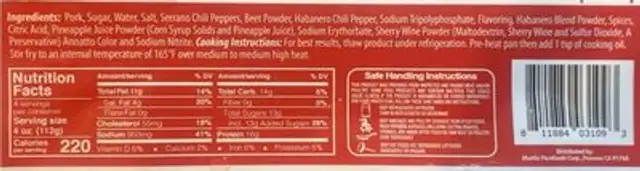 Pork Tocino Chili Hot nutrition facts table