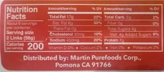 Longanisa sweet pork nutrition facts table