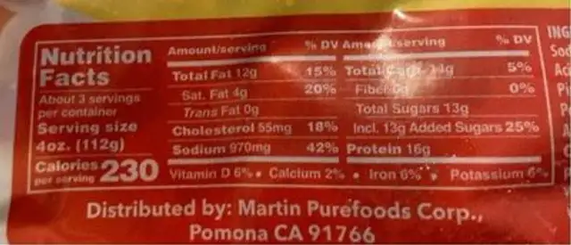 Tocino nutrition facts table