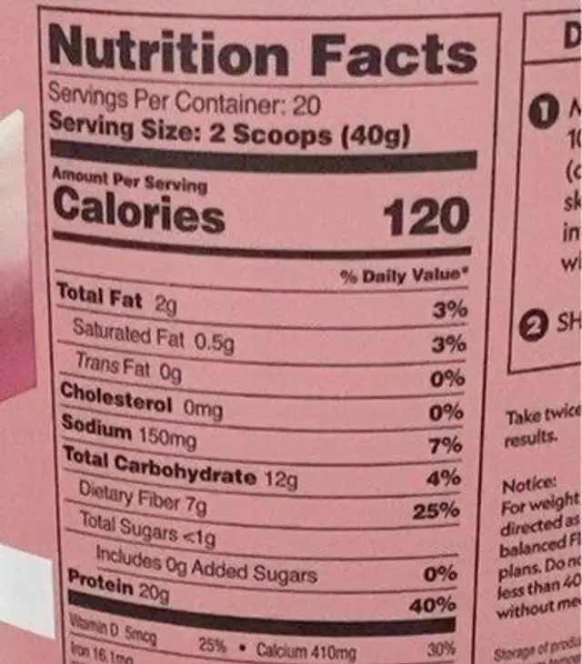 Flat tummy nutrition facts table