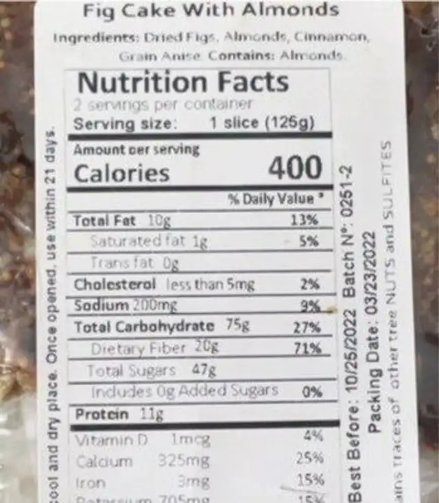 Fig cake with almonds nutrition facts table