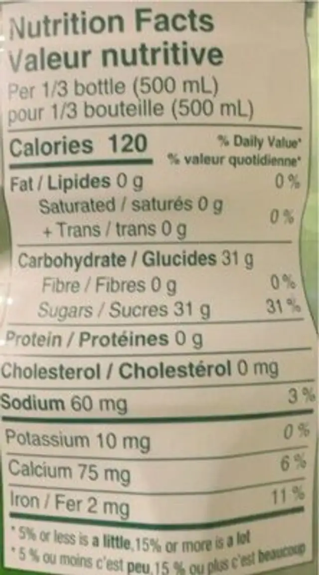 Aloe Vera Juice drink - Exposed nutrition facts table
