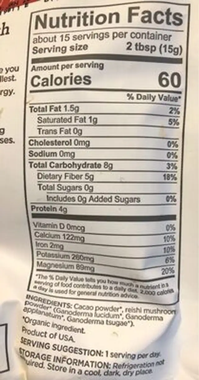 Organic cacao+Reishi blend nutrition facts table