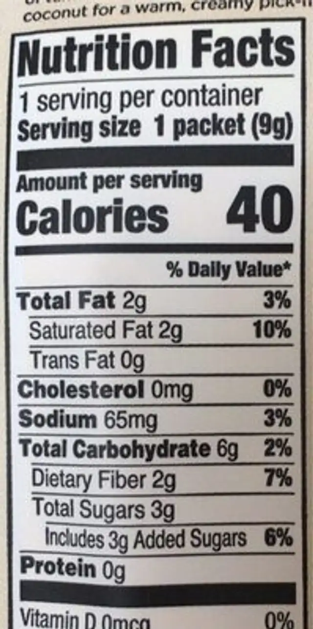 Turmeric Latte nutrition facts table
