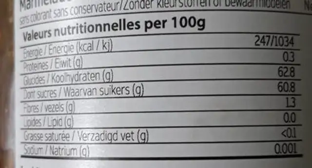 Marmelade aux 3 agrumes nutrition facts table